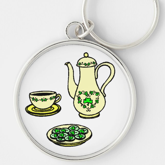 St. Patrick's Day Tea Set Irish Keychain Rund Silverfärgad Nyckelring (Framsidan)