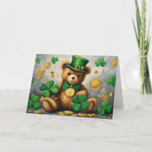 St.Patricks Day Teddy med Shamrock och guldmynt Helgkort