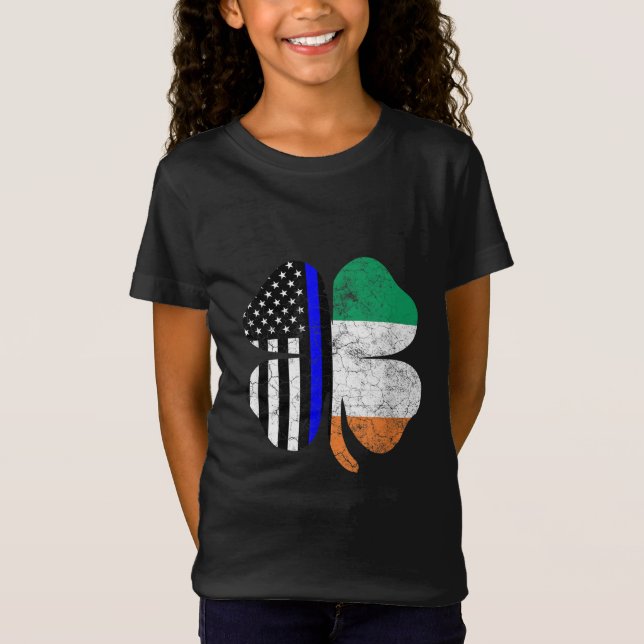 St patricks day Thin Blue Line American Irish Flag T Shirt (Framsida)