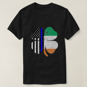 St patricks day Thin Blue Line American Irish Flag T Shirt
