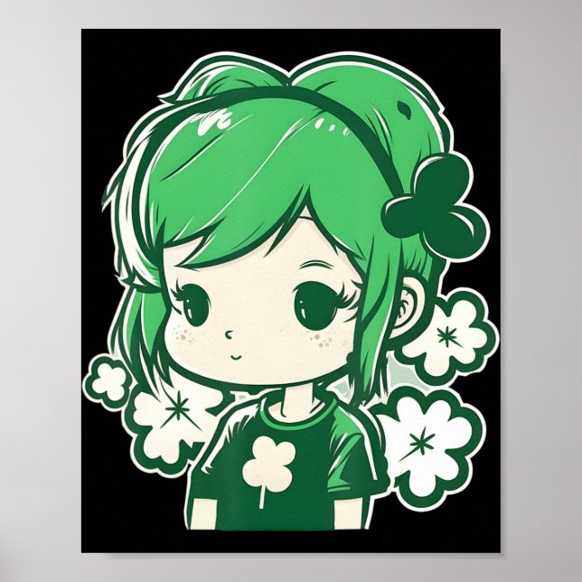 St Patricks Day Tjejer Shamrock Söta Tjejer Anime  Poster (Framsidan)