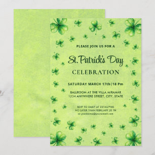 St. Patrick's Day Vattenfärg Shamrock på grön Inbjudningar