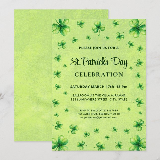 St. Patrick's Day Vattenfärg Shamrock på grön Inbjudningar (Fram/baksida)