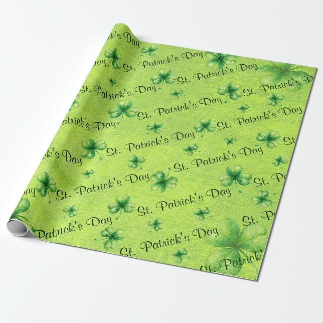 St. Patrick's Day Vattenfärg Shamrock på grön Presentpapper (Utrullad)