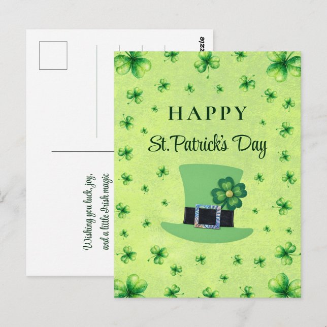 St. Patrick's Day Vattenfärg Shamrock på grön Vykort (Fram/baksida)