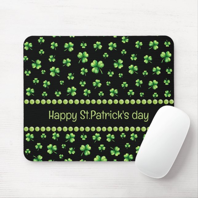 St. Patrick's Day Vattenfärg Shamrock på svart Musmatta (Med mus)