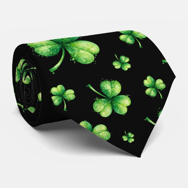 St. Patrick's Day Vattenfärg Shamrock på svart Slips (Rullad)