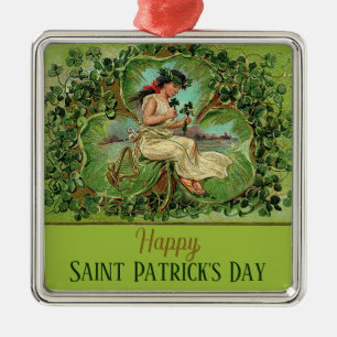 St. Patrick's Day Vintage Flicka med Shamrocks Julgransprydnad Metall