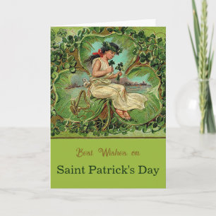 St. Patrick's Day Vintage Flicka med Shamrocks Kort