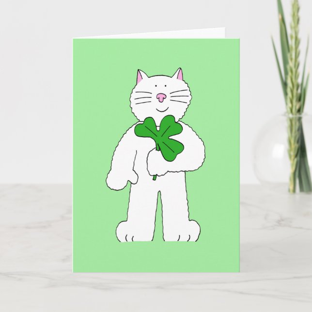 St patrick's day Vit Katt med Shamrock Kort (Framsida)