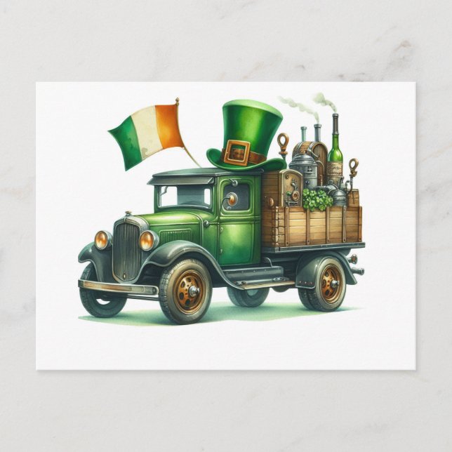 St patrick's day Watercolor Lastbil Ireland Flagga Vykort (Framsida)