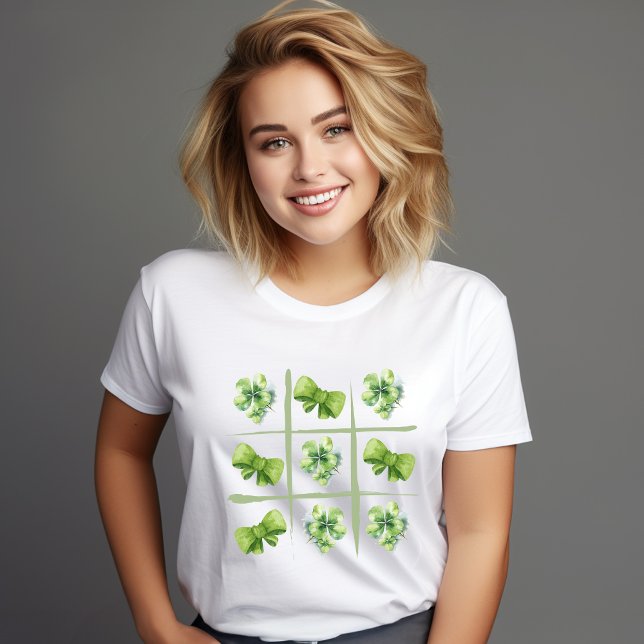 St patricks day Watercolor Shamrock Coquette Bows T Shirt (Retro Checkered Shamrock and vintage coquette bow St Patricks Day t-shirt)