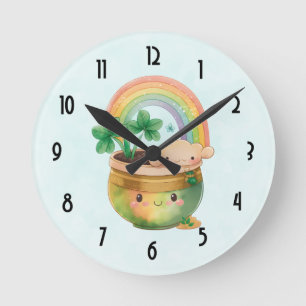 St. Patrick's Day Whimsical Rainbow & Klöver Rund Klocka