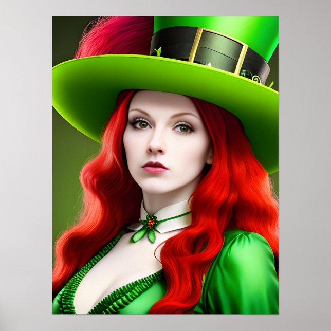 St. Patricks Day Woman i Grönt Tophat Poster (Framsidan)
