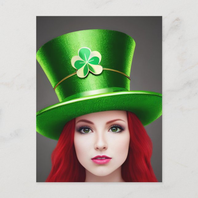 St. Patricks Day Woman Red Hair Grönt Tophat Vykort (Framsida)