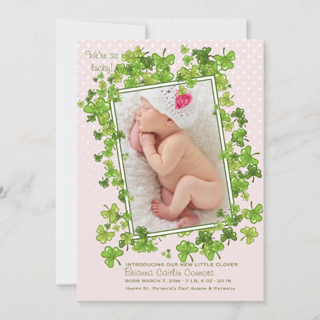 St. Patrick's Flicka Photo Birth Announcement Meddelande (Framsida)