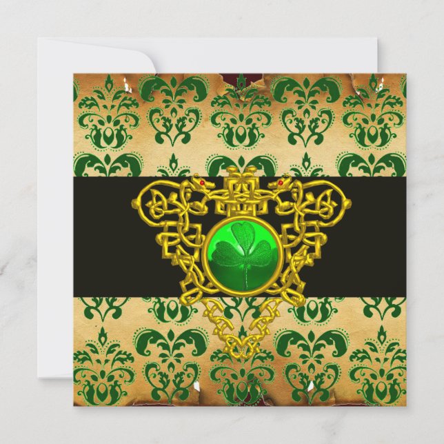 ST.PATRICKS KELTISKA HJÄRTA Grönt Damast Pergament Inbjudningar (Framsida)