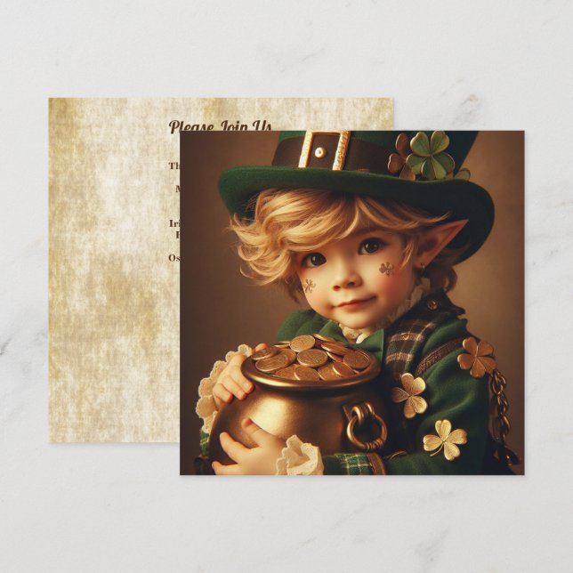 St Patrick's Leprechaun Child Pot of Guld Square Inbjudningar (Fram/baksida)