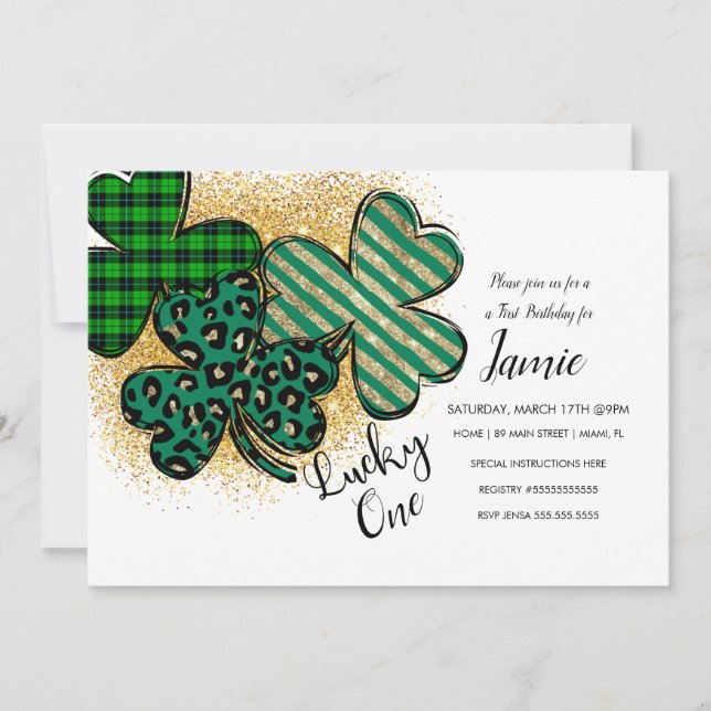 St. Patricks Lucky 1-årsdag Grön Falsk Guld Inbjudningar (Framsida)