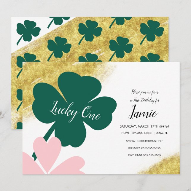 St. Patricks Lucky 1-årsdag Grön Rosa Guld Inbjudningar (Fram/baksida)