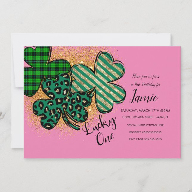 St. Patricks Lucky 1-årsdag Rosa Grön Inbjudningar (Framsida)