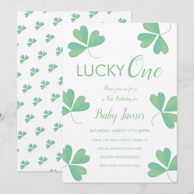 St. Patricks Lucky 1-årsdag Shamrock Texturerad Inbjudningar (Fram/baksida)