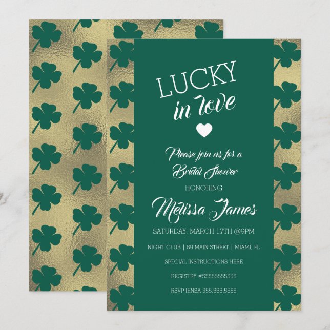 St. Patricks Lucky Bröllopsdusch Grön Shamrock Inbjudningar (Fram/baksida)