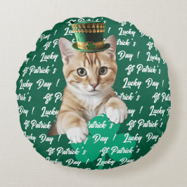 St Patricks Lucky Day Söt Katt Leprechaunhatt, Rund Kudde