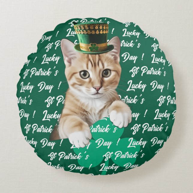 St Patricks Lucky Day Söt Katt Leprechaunhatt, Rund Kudde (Framsidan)