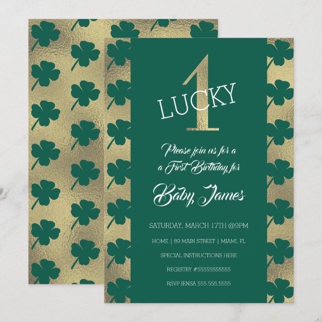 St. Patricks Lucky Första Födelsedag Grön Shamrock Inbjudningar (Fram/baksida)
