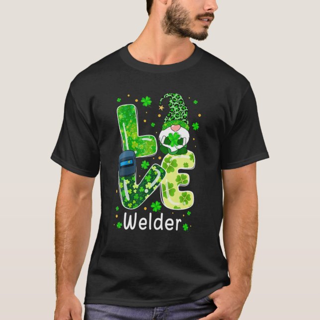 St Patricks Lucky Funny Welder Gnome Leopard Green T Shirt (Framsida)