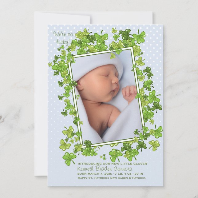 St. Patrick's Pojke Photo Birth Announcement Meddelande (Framsida)