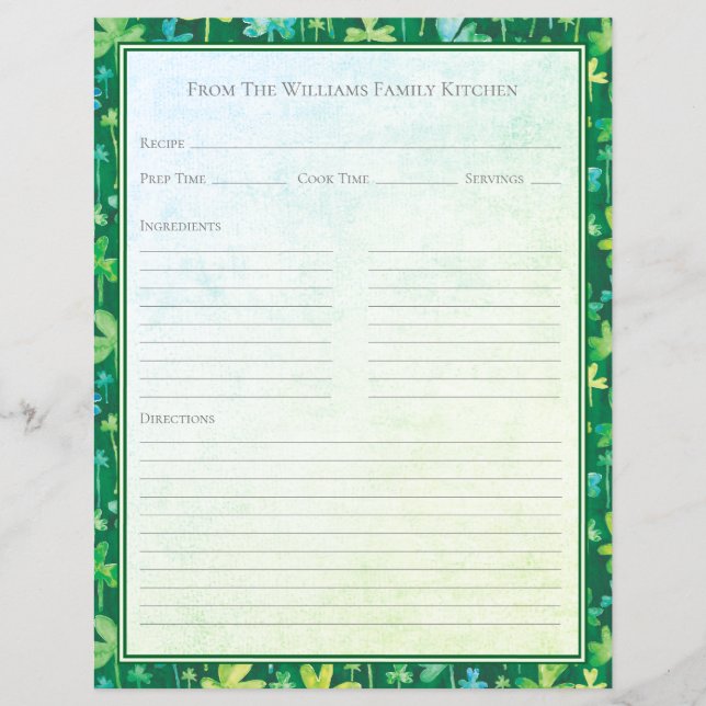 St. Patrick's Shamrocks Green Recipe Paper Sheet (Framsida)