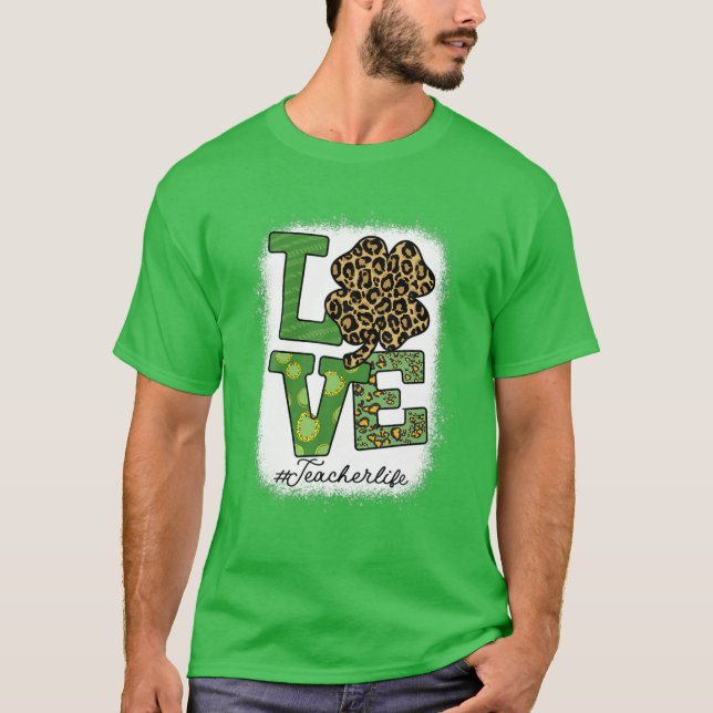 St Patricks Teacher Messy Bun Leopard Bleached Iri T Shirt (Framsida)