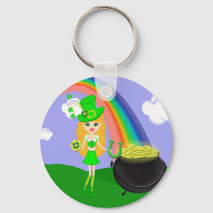St Pat's Day Blonde Girl Leprechaun med Rainbow Nyckelring