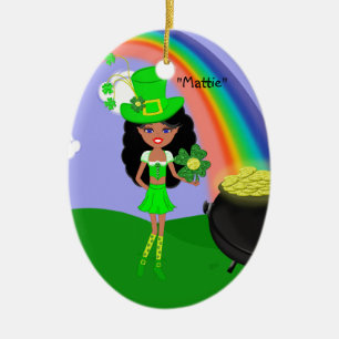 St Pat's Day Brunette Girl Leprechaun med Rainbow Julgransprydnad Keramik