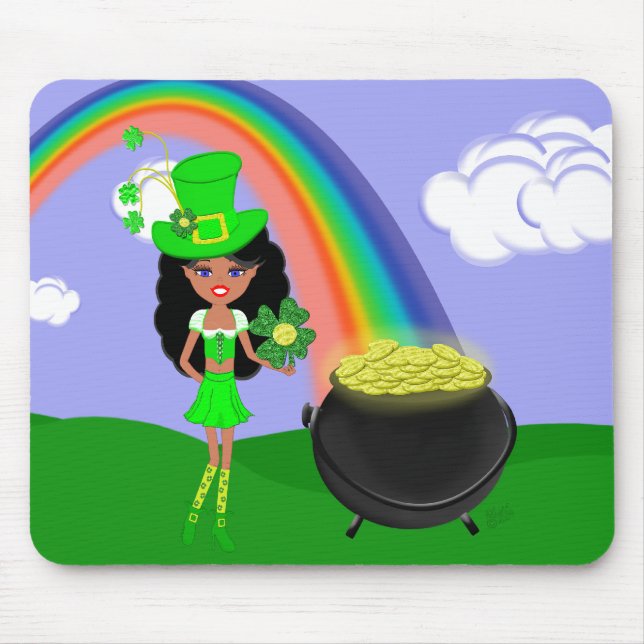 St Pat's Day Brunette Girl Leprechaun med Rainbow Musmatta (Framsidan)