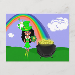 St Pat's Day Brunette Girl Leprechaun med Rainbow Vykort