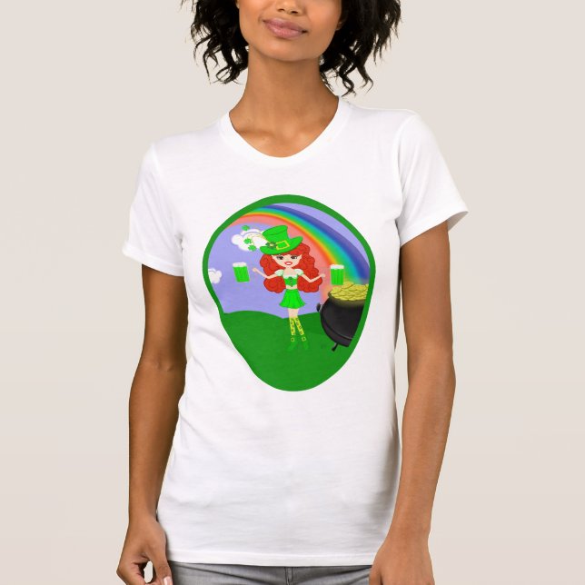 St Pat's Day Rödhårig Girl Leprechaun med Rainbow Tee (Framsida)