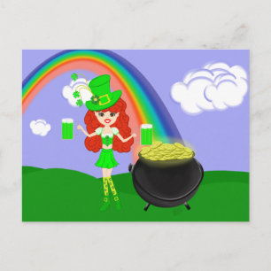 St Pat's Day Rödhårig Girl Leprechaun med Rainbow Vykort