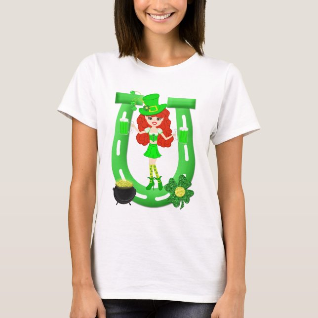 St Pat's Day Rödhårig Girl Leprechaun T-shirt (Framsida)