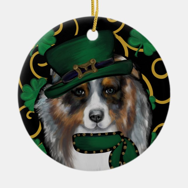 St. Patty Australian Shepherd Julgransprydnad Keramik (Framsidan)