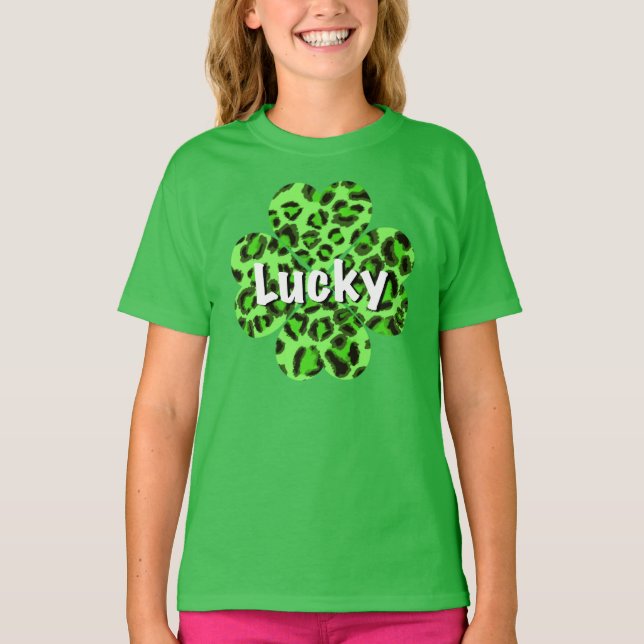 St. Pattys Grönt cheetah leopard shamrock T Shirt (Framsida)