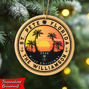 St. Pete Beach Florida Retro Sunset Handflatan Trä Julgransprydnad Keramik