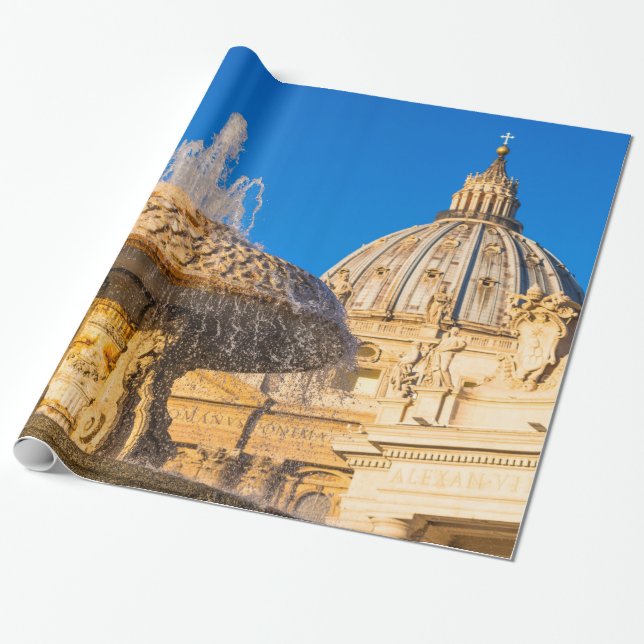 St Peter's Cathedral and fontän Rom Italien Presentpapper (Utrullad)