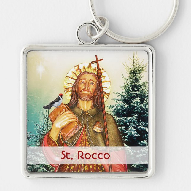 St. Rocco eller Roch Fyrkantig Silverfärgad Nyckelring (Framsidan)
