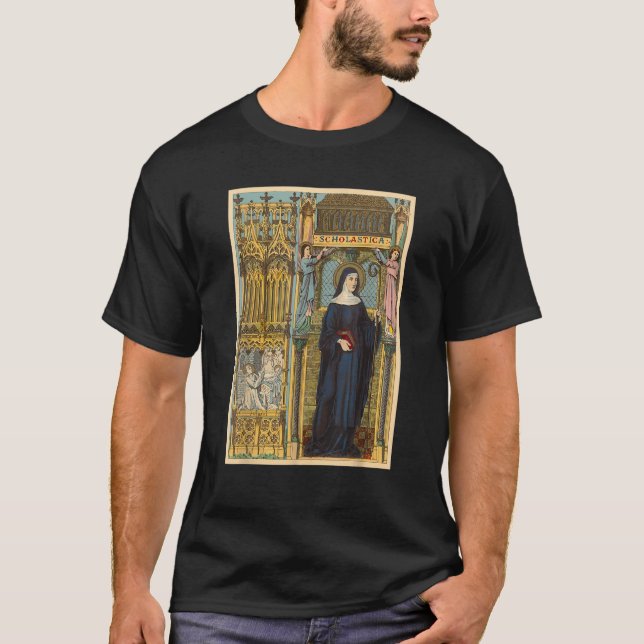 St Scholastica Benedict Catholic Saints Benedictin T Shirt (Framsida)