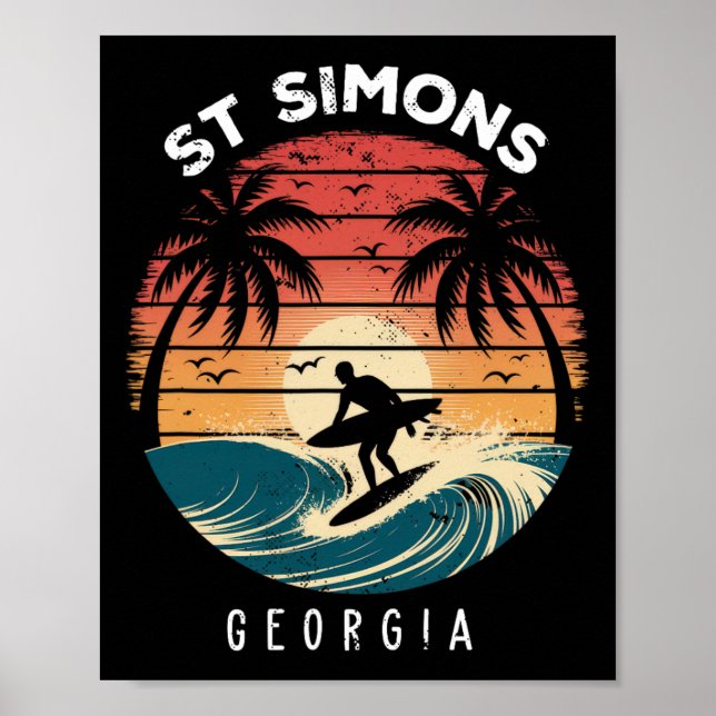 St Simons Beach Georgia Surfbräda Vågor Strand  Poster (Framsidan)