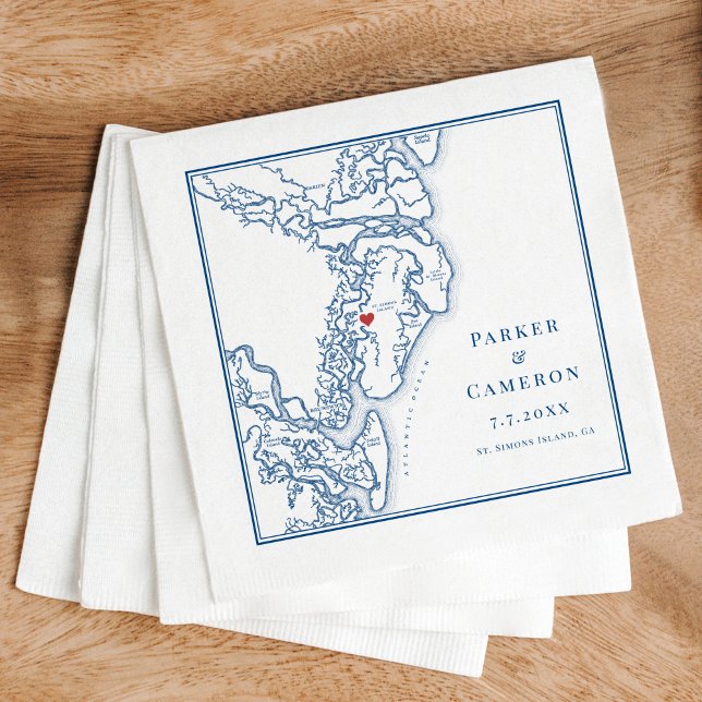 St Simons Island GA Karta Elegant Navy Blue Bröllo Pappersservett (St. Simons Georgia map napkin for your wedding in the Golden Isles - also includes Jekyll Island)