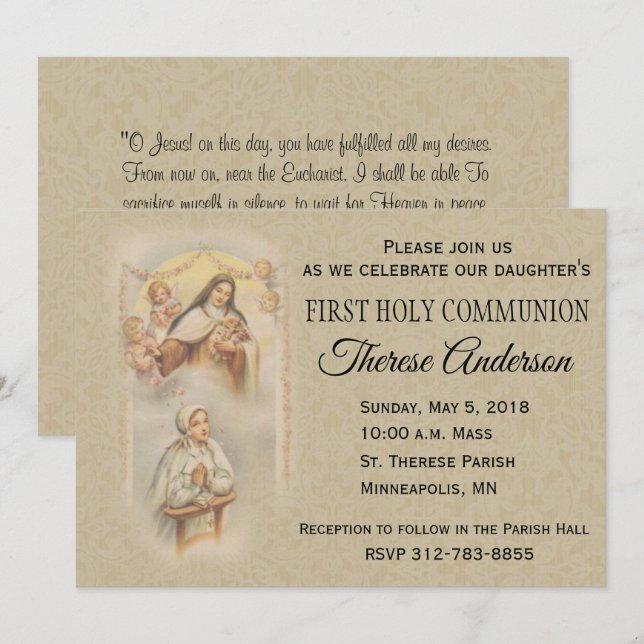 St. Therese First Heliga Communion-inbjudningar Inbjudningar (Fram/baksida)